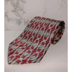 H. FREEMAN & SON 100% Silk Tie Red Gray Silver Chain Design Made In Philadelphia